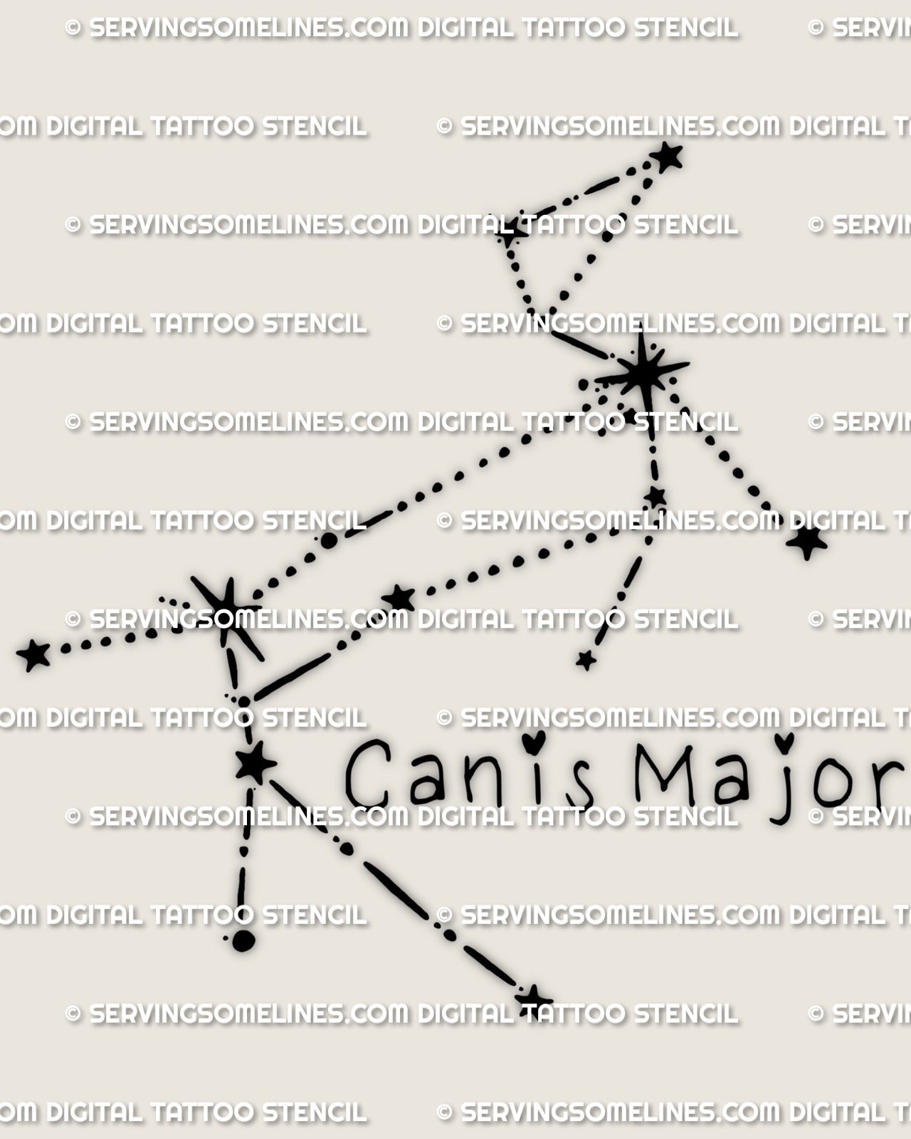 Canis Major tattoo stencil download, Canis Major constellation star layout with Sirius anchor point, instant PNG JPEG PDF files.