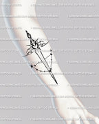 constellation dagger tattoo design placed on forearm, Capricorn zodiac art with celestial linework and minimalist blade.