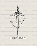 Capricorn constellation dagger tattoo design with zodiac text beneath, detailed stars and clean neotribal linework. 