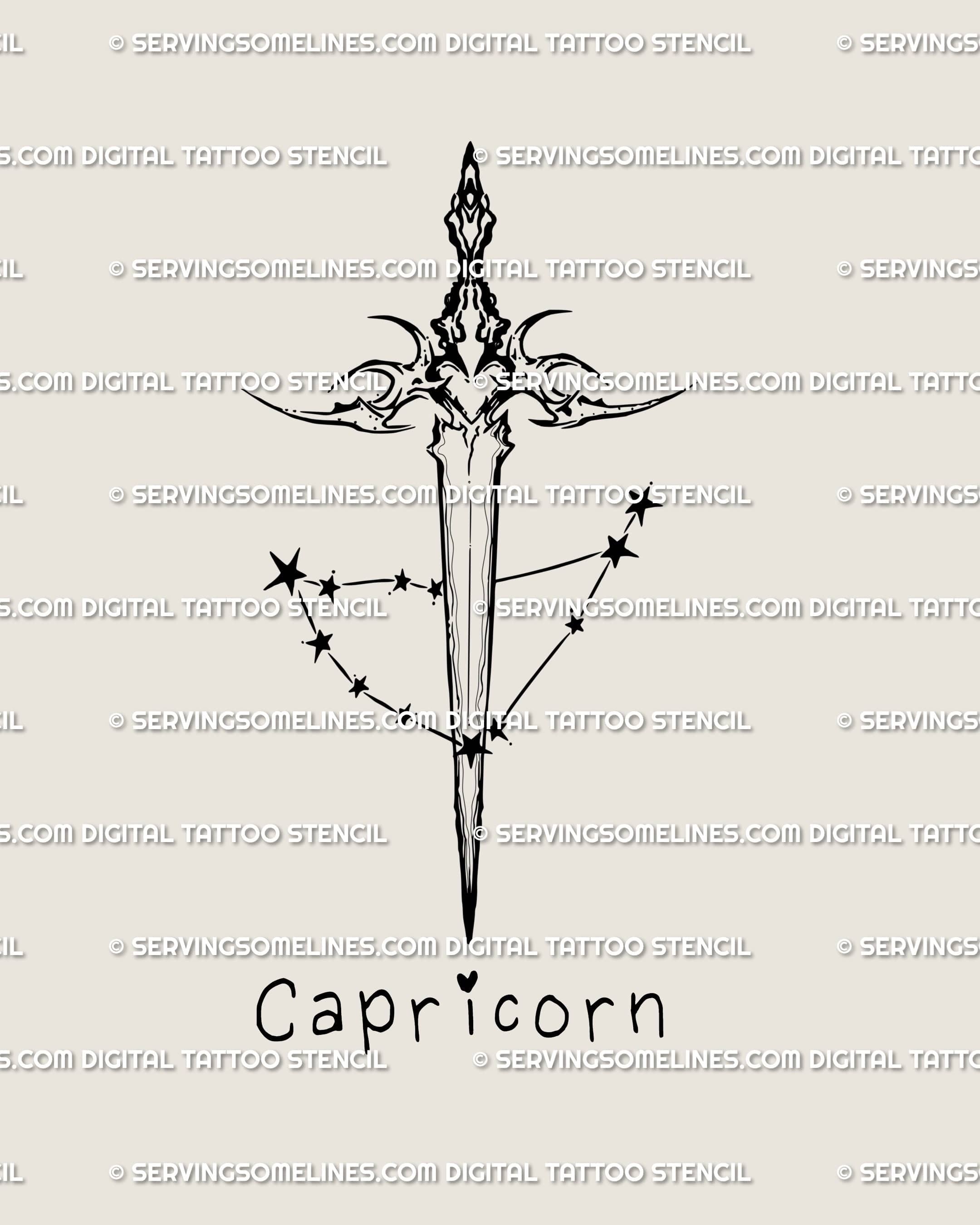 Capricorn constellation dagger tattoo design with zodiac text beneath, detailed stars and clean neotribal linework. 