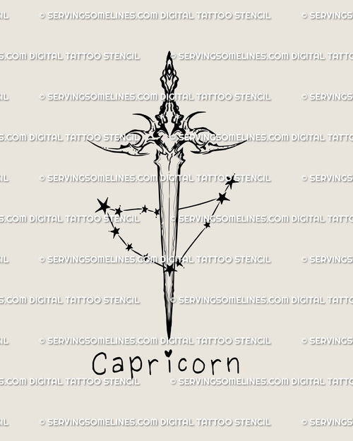 Capricorn constellation dagger tattoo design with zodiac text beneath, detailed stars and clean neotribal linework. 