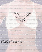 Capricorn constellation tattoo stencil placed at chest center cleavage, clean zodiac constellation tattoo design example