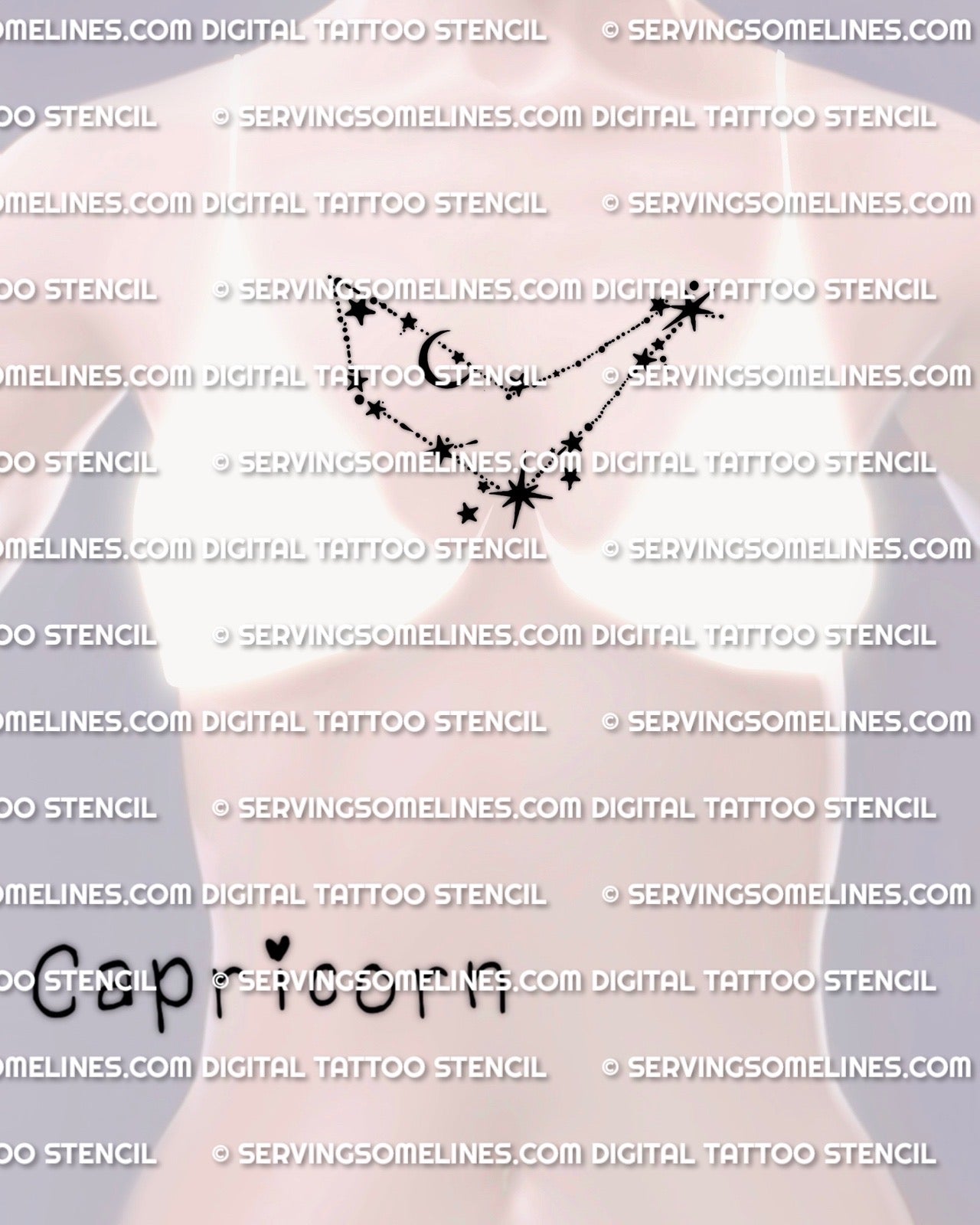 Capricorn constellation tattoo stencil placed at chest center cleavage, clean zodiac constellation tattoo design example
