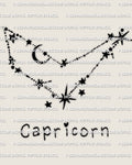 Capricorn constellation tattoo stencil design showing clean star points and minimal zodiac constellation layout, digital download file
