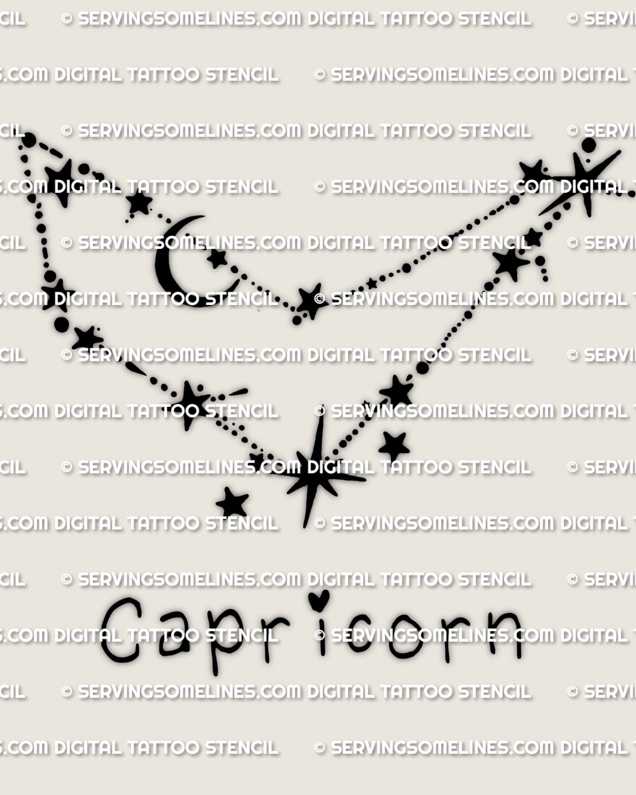 Capricorn constellation tattoo stencil design showing clean star points and minimal zodiac constellation layout, digital download file