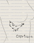 Capricorn constellation tattoo stencil shown on women’s side chest placement, minimal zodiac star tattoo design
