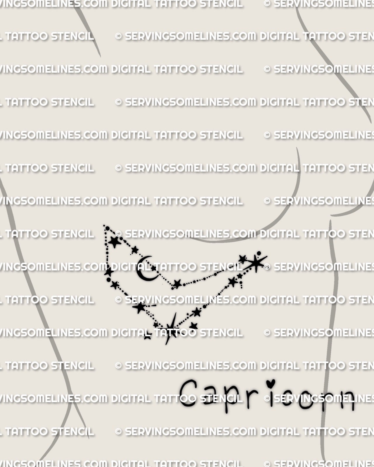 Capricorn constellation tattoo stencil shown on women’s side chest placement, minimal zodiac star tattoo design
