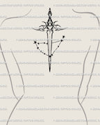 Capricorn dagger tattoo stencil on upper back, showing celestial star mapping and neotribal zodiac detailing.