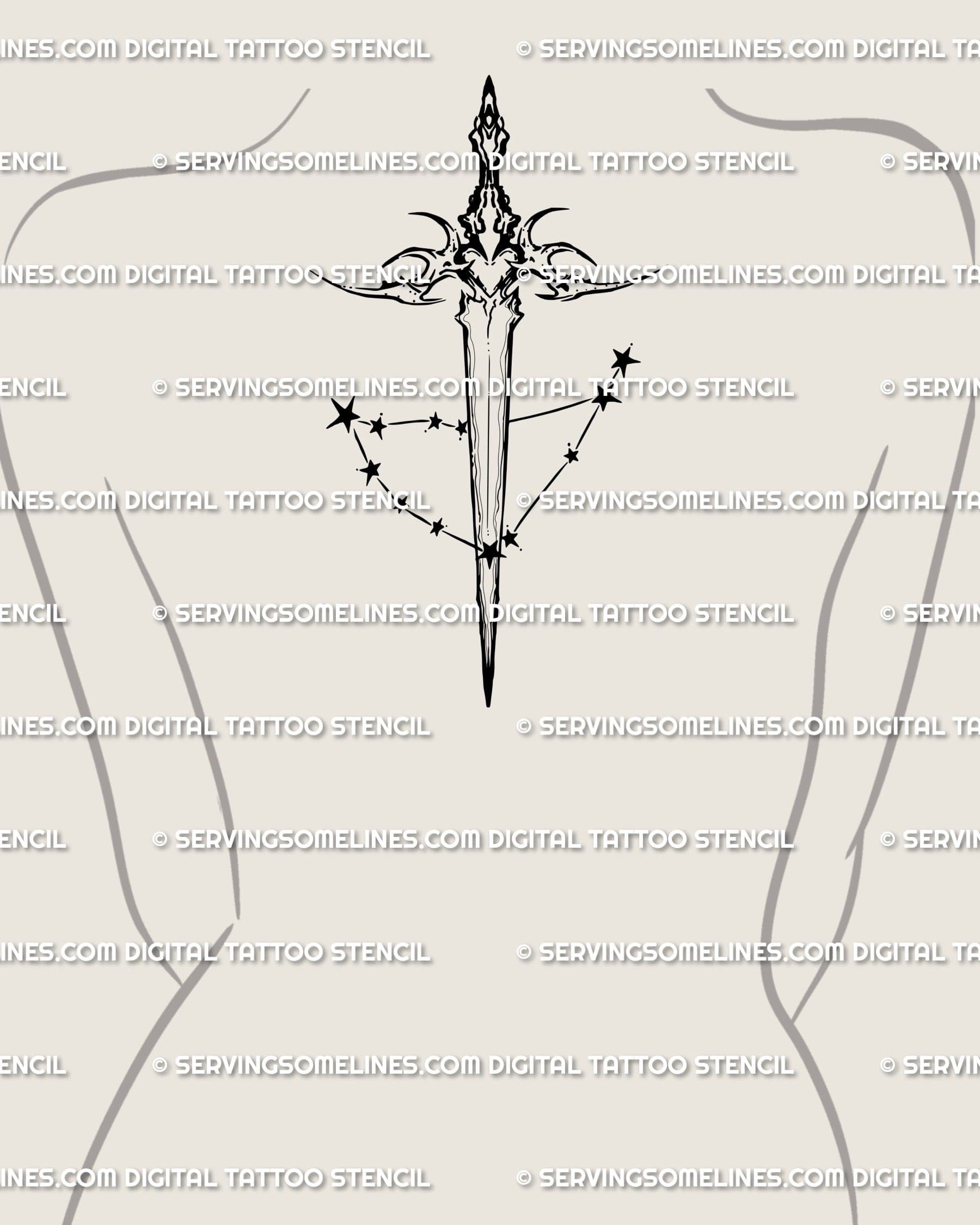Capricorn dagger tattoo stencil on upper back, showing celestial star mapping and neotribal zodiac detailing.