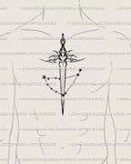 Capricorn dagger tattoo stencil shown on chest center placement example, clean vertical blade silhouette with star cluster detail.
