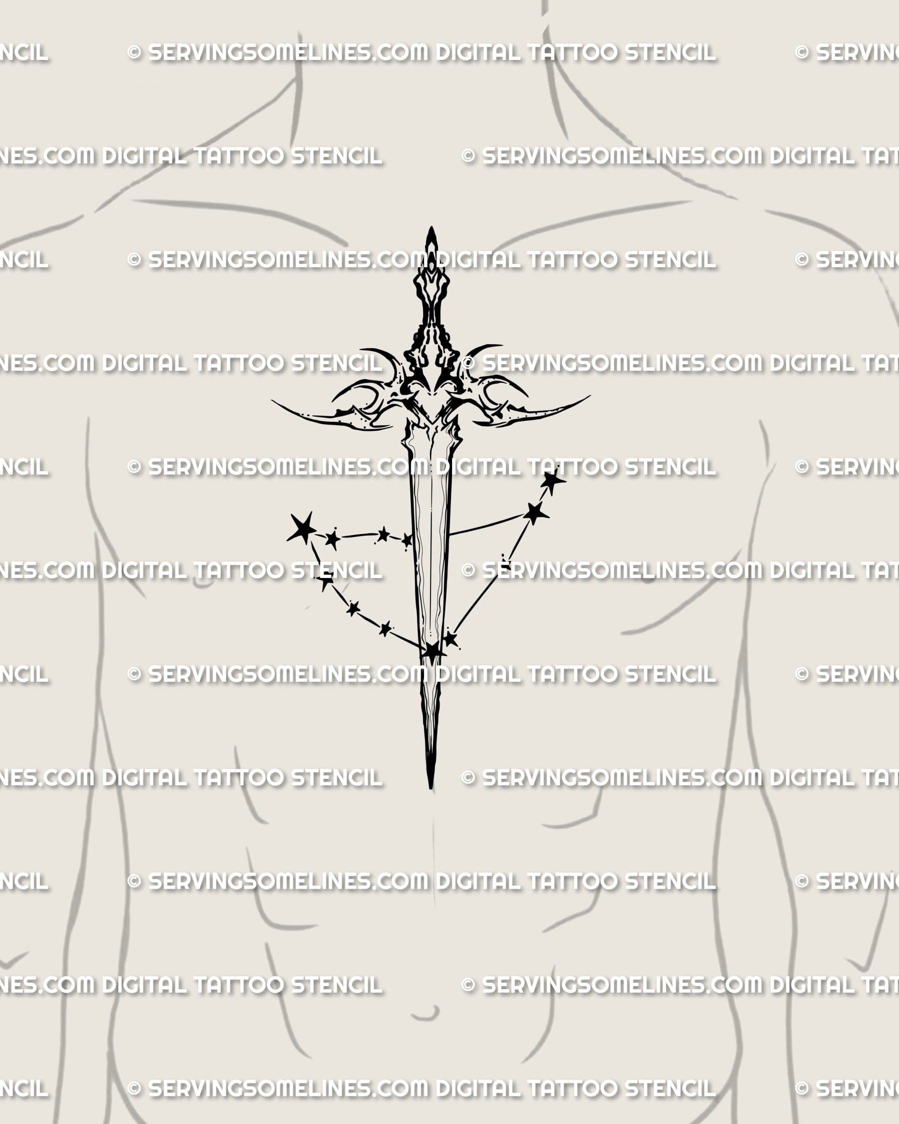 Capricorn dagger tattoo stencil shown on chest center placement example, clean vertical blade silhouette with star cluster detail.