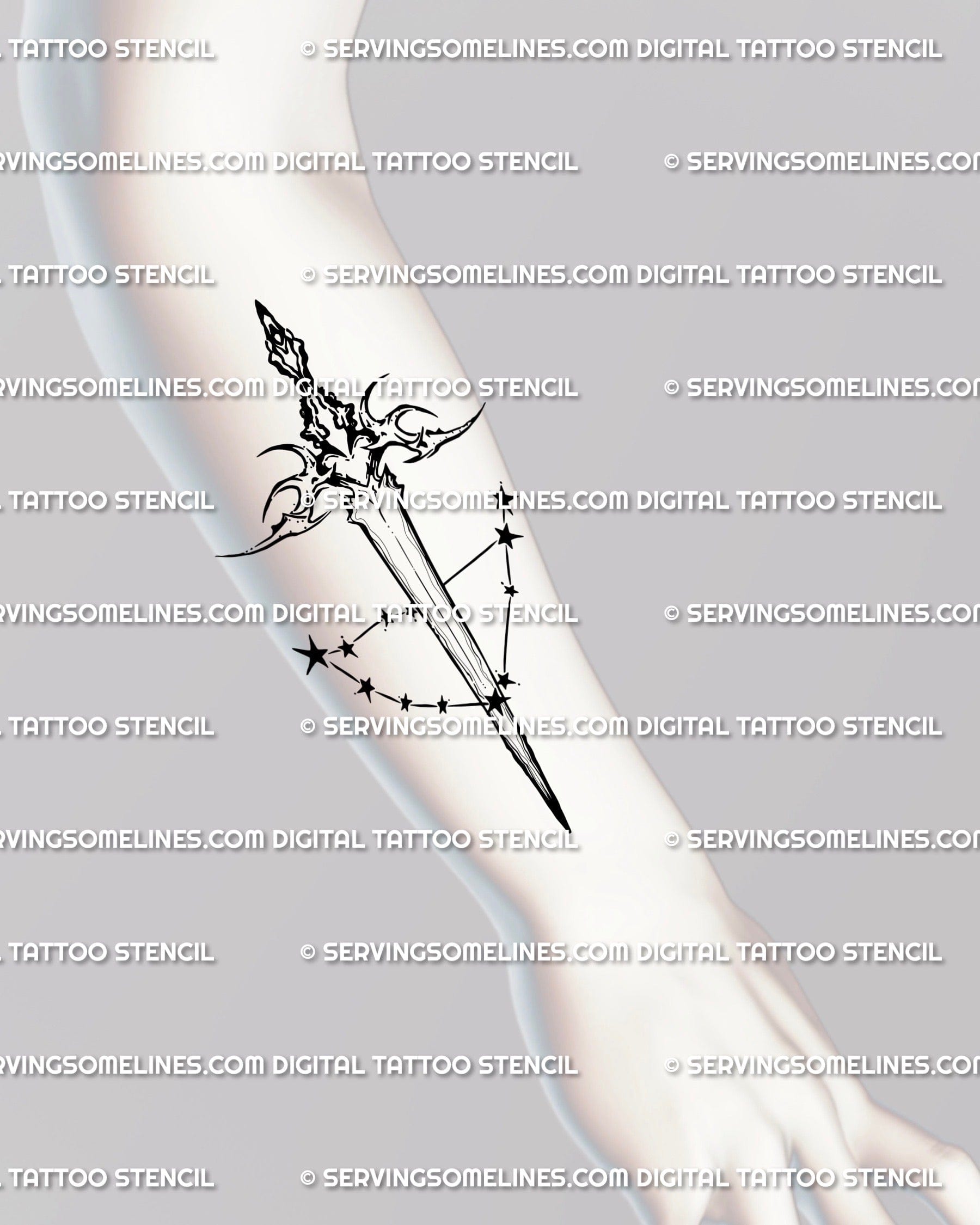 Capricorn dagger tattoo stencil shown on forearm placement example, slim neotribal linework blade with star cluster accent.