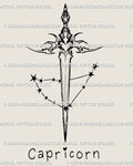 Capricorn dagger tattoo stencil design, neotribal zodiac blade with small star cluster detail, PNG and PDF digital download.