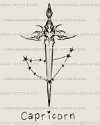 Capricorn dagger tattoo stencil design, neotribal zodiac blade with small star cluster detail, PNG and PDF digital download.