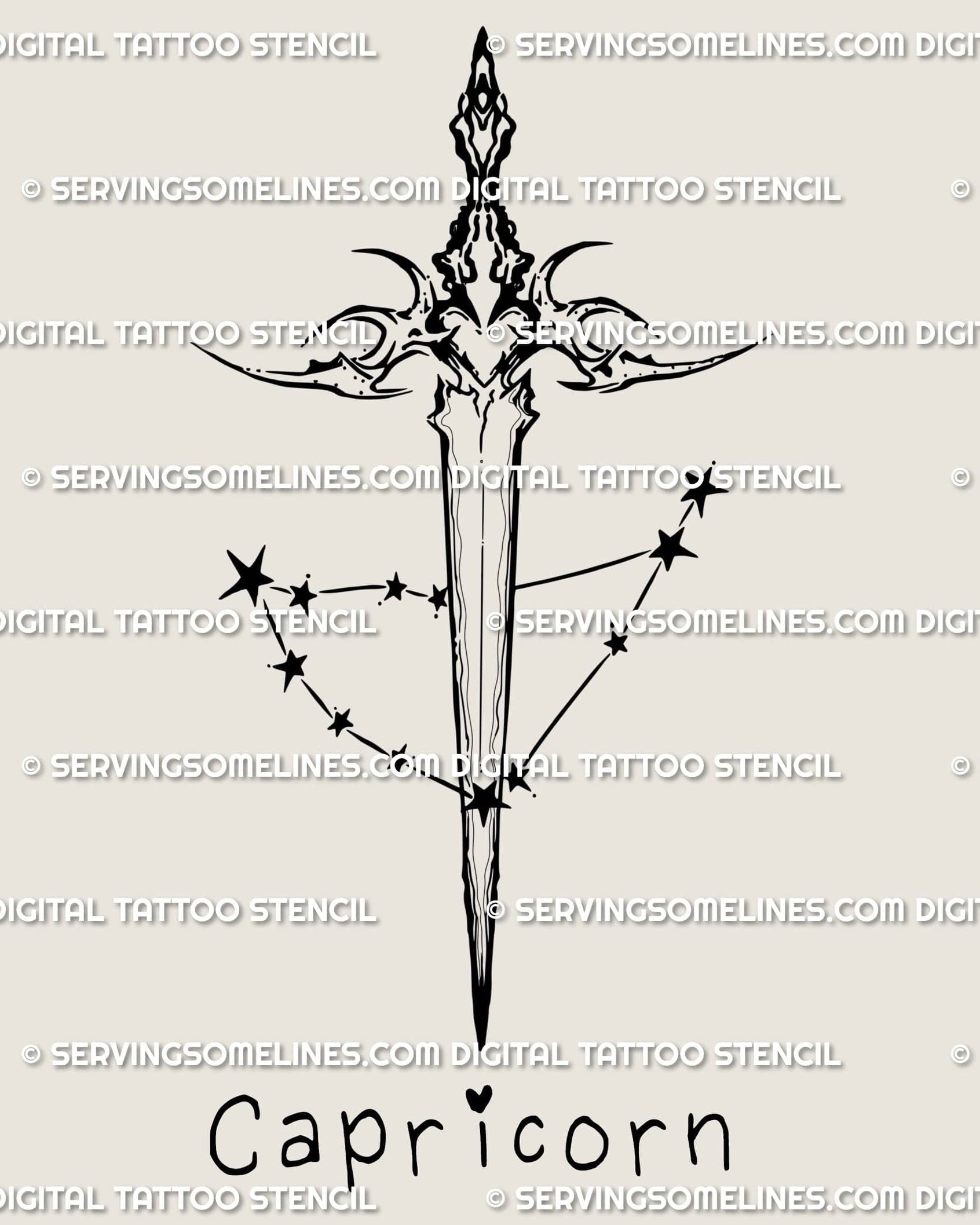 Capricorn dagger tattoo stencil design, neotribal zodiac blade with small star cluster detail, PNG and PDF digital download.