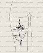Capricorn dagger tattoo stencil shown on thigh placement example, long neotribal zodiac blade with small star cluster accent.