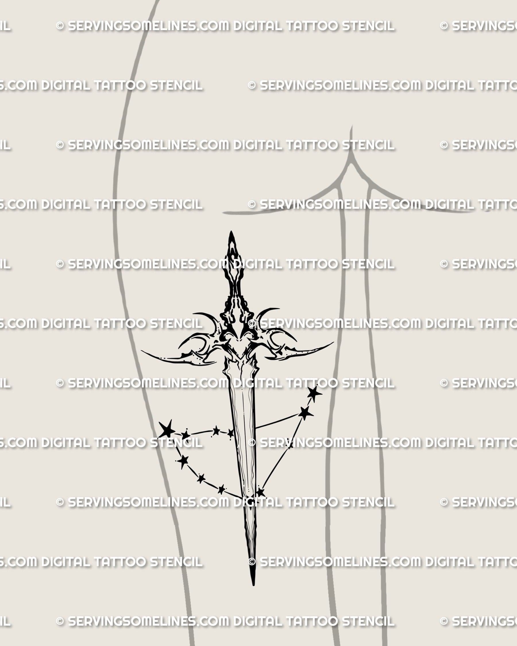 Capricorn dagger tattoo stencil shown on thigh placement example, long neotribal zodiac blade with small star cluster accent.