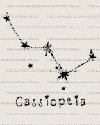 Cassiopeia constellation tattoo stencil download, minimalist Cassiopeia star pattern with dotted path and starburst accent, design preview