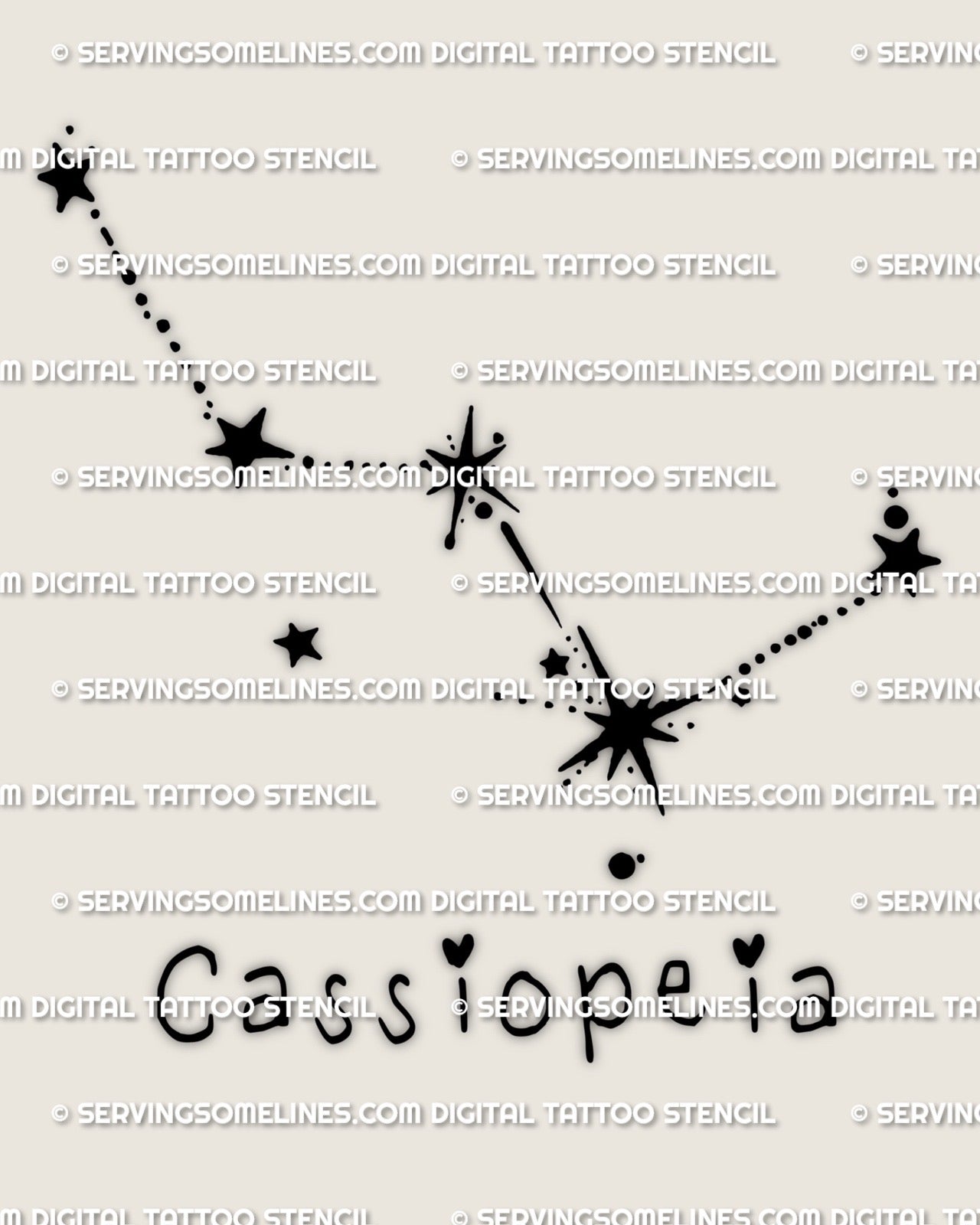 Cassiopeia constellation tattoo stencil download, minimalist Cassiopeia star pattern with dotted path and starburst accent, design preview