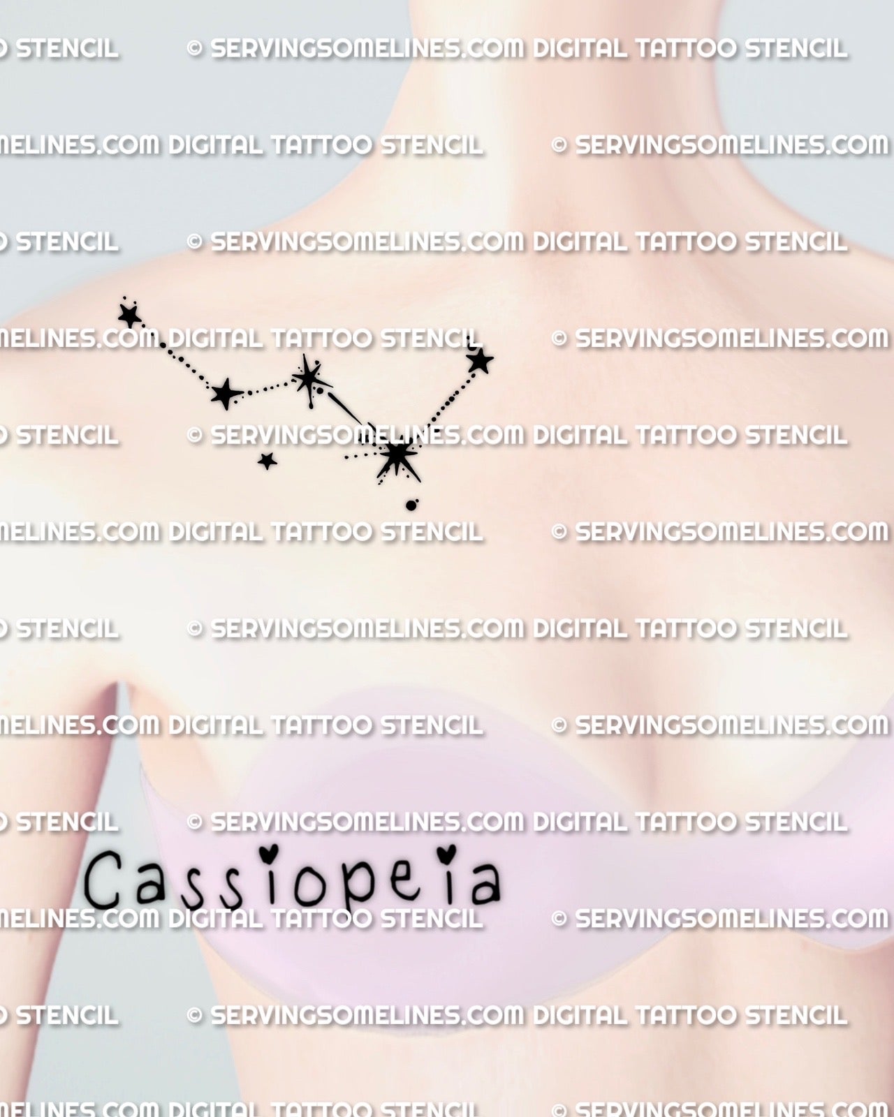 Cassiopeia constellation tattoo stencil displayed on women’s collarbone placement, minimalist constellation stars with dotted path and bold starburst accent