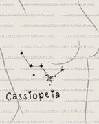 Cassiopeia constellation tattoo stencil shown on women’s side ribs placement, clean Cassiopeia star pattern with dotted constellation line and starburst