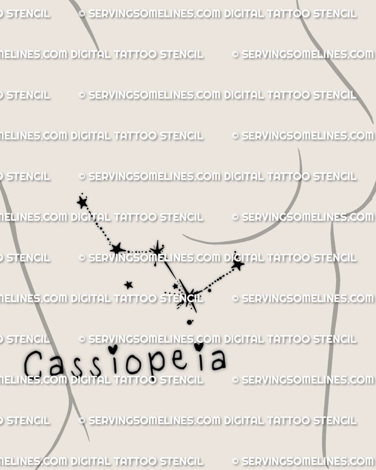 Cassiopeia constellation tattoo stencil shown on women’s side ribs placement, clean Cassiopeia star pattern with dotted constellation line and starburst