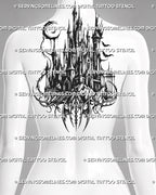 Castle tattoo stencil displayed on women's back placement with gothic towers, moon detail, bats, and dramatic vertical shape.