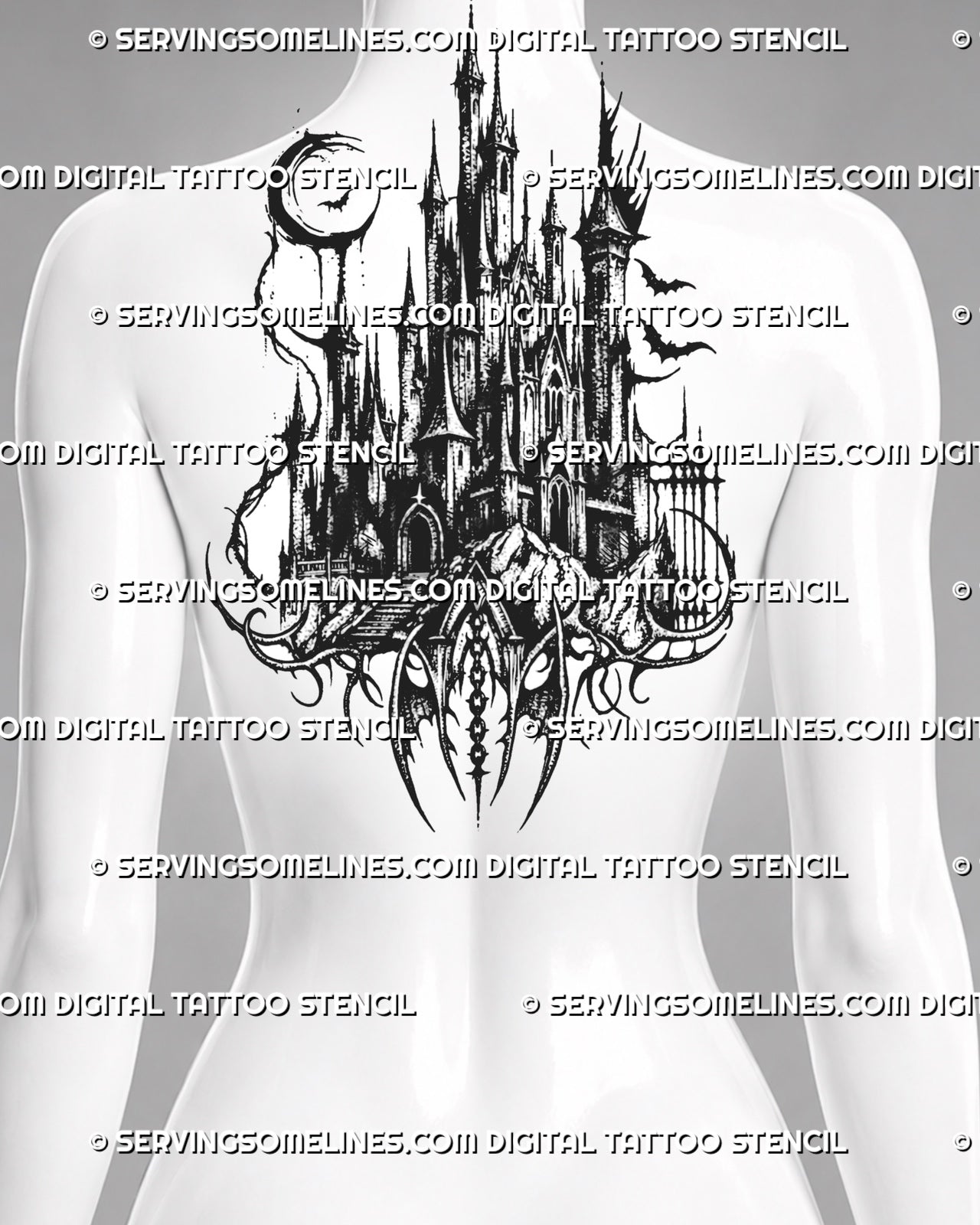 Castle tattoo stencil displayed on women's back placement with gothic towers, moon detail, bats, and dramatic vertical shape.