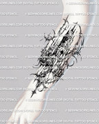 Castle forearm tattoo preview with narrow tower structure, gothic arches, and cyber gothic detailing along the arm
