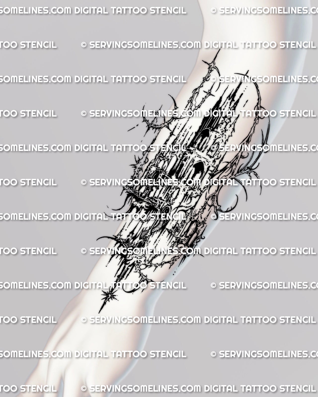 Castle forearm tattoo preview with narrow tower structure, gothic arches, and cyber gothic detailing along the arm