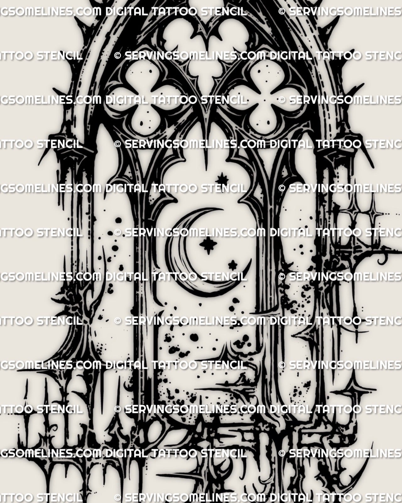 Cathedral arch cyber goth tattoo stencil with neotribal sigil lines and moon symbolism, digital gothic tattoo stencil designed for clean transfer
