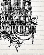 Close preview of cathedral tattoo stencil showing gothic spires, arched openings, heavy blackwork, and sacred building detail.