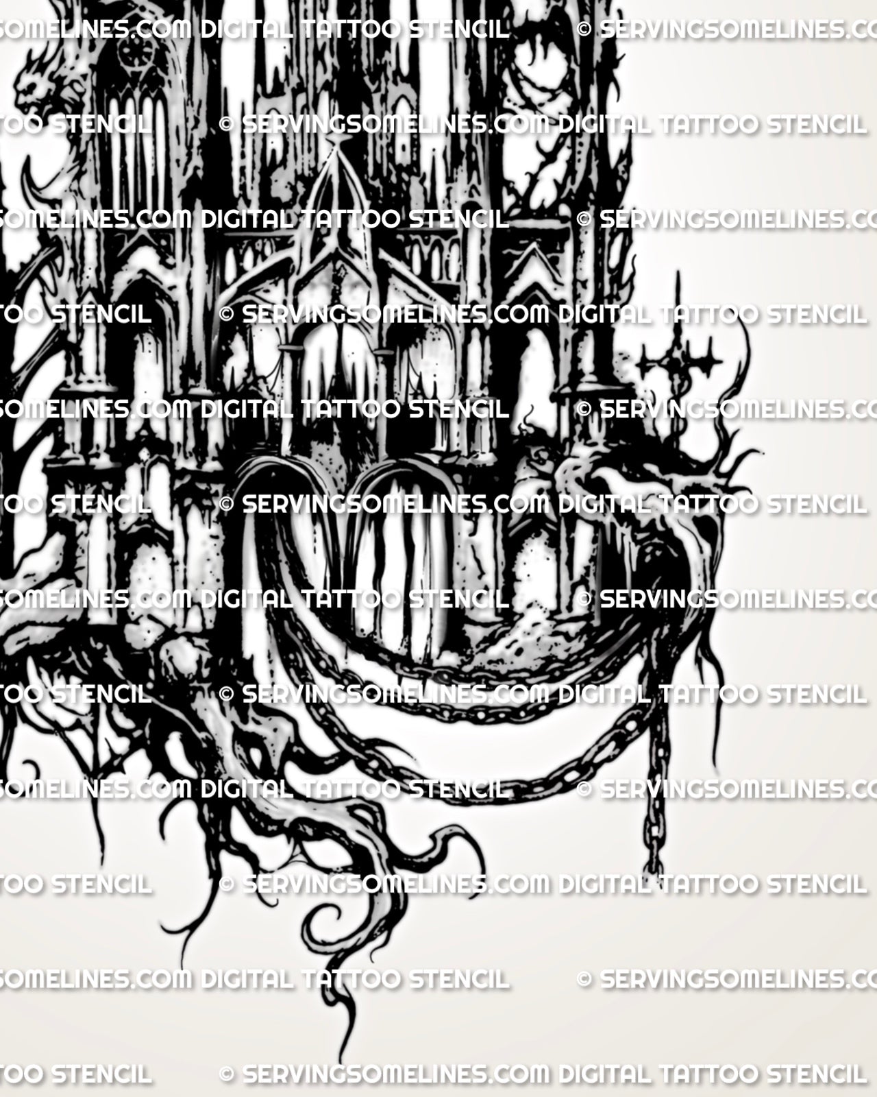 Close preview of cathedral tattoo stencil showing gothic spires, arched openings, heavy blackwork, and sacred building detail.