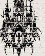 Gothic-leaning cathedral tattoo stencil, tall blackwork architecture with pointed arches, tower tips, and crisp negative space.