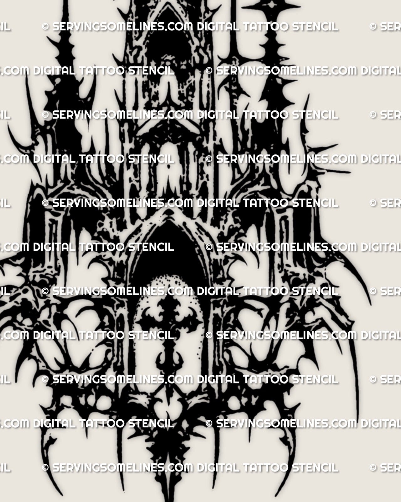 Gothic-leaning cathedral tattoo stencil, tall blackwork architecture with pointed arches, tower tips, and crisp negative space.