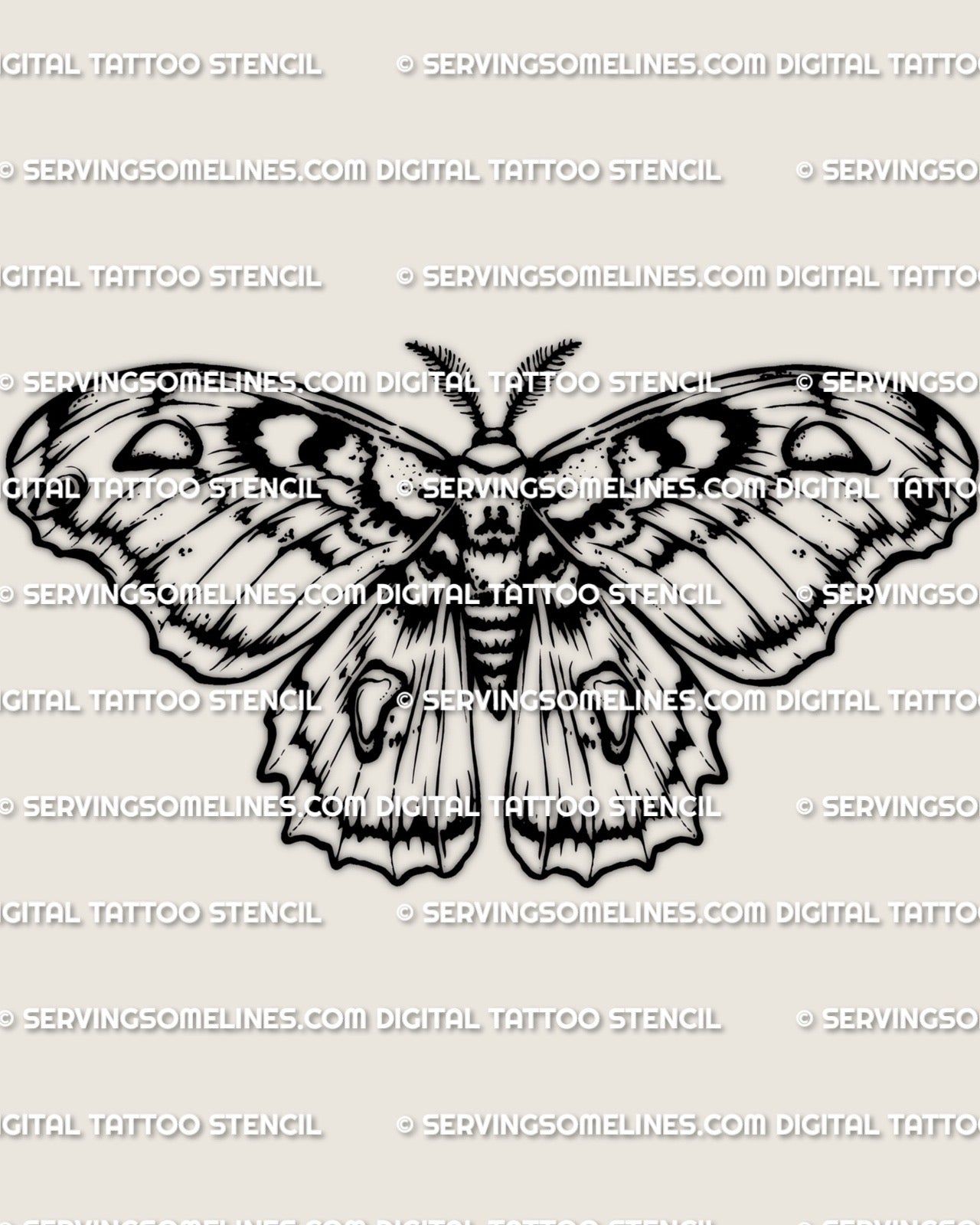 Black and white cecropia moth stencil download with clear wing band rhythm, clean outline for tattoo transfer, printable files