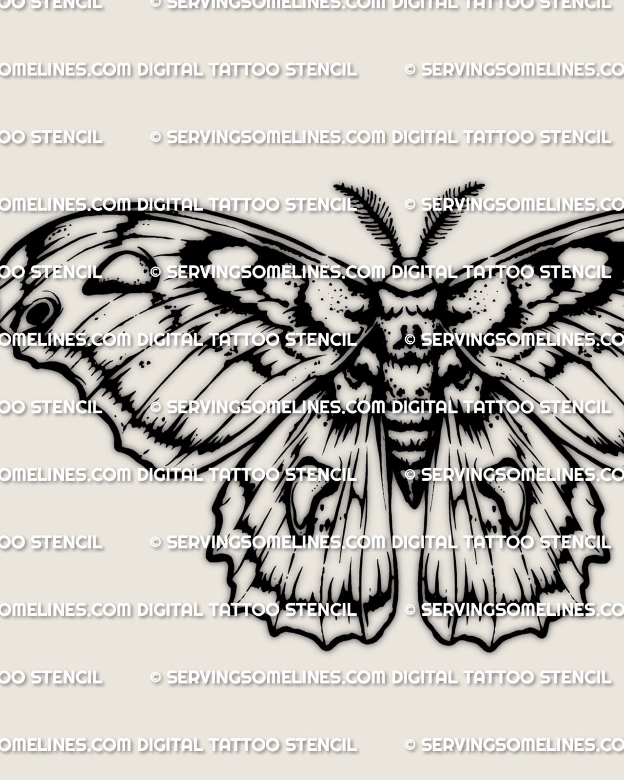 Cecropia moth tattoo stencil design with bold banded wings and thick body silhouette, digital stencil download