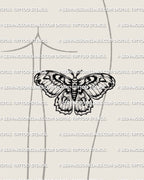 Cecropia moth tattoo stencil on feminine thigh placement example, wide wings with strong bands, instant stencil download PNG JPG PDF