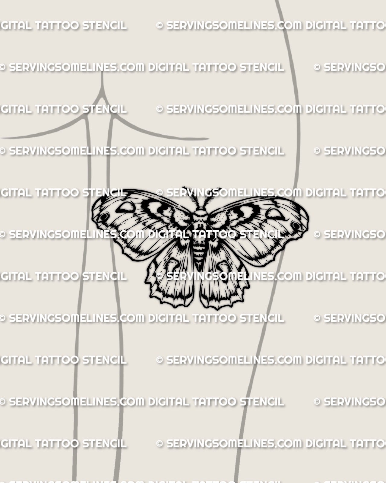 Cecropia moth tattoo stencil on feminine thigh placement example, wide wings with strong bands, instant stencil download PNG JPG PDF