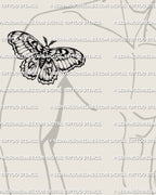 Cecropia moth tattoo stencil on mens upper arm placement example, banded wings stay readable, digital stencil download files