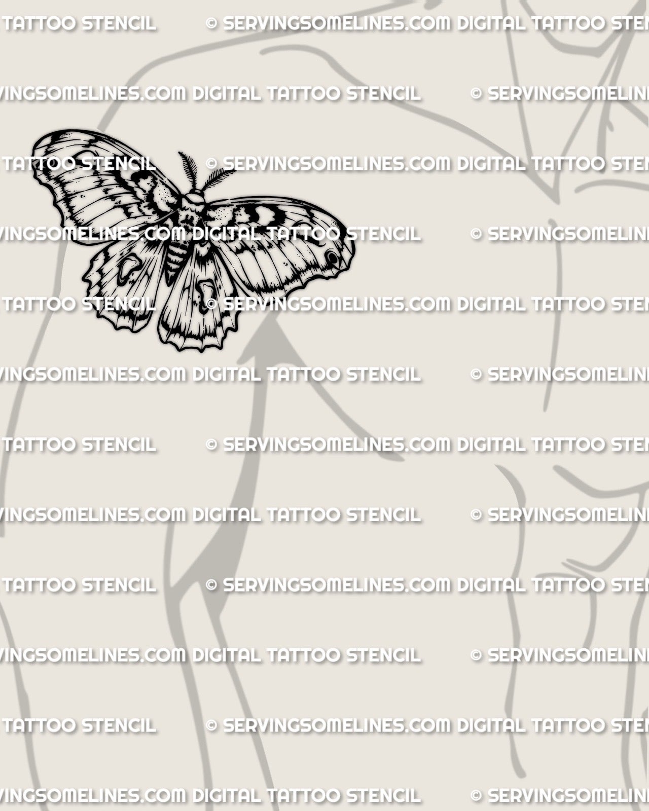 Cecropia moth tattoo stencil on mens upper arm placement example, banded wings stay readable, digital stencil download files