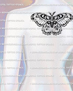 Cecropia moth tattoo stencil upper back placement example, centered moth silhouette with bold wing bands, digital download stencil files