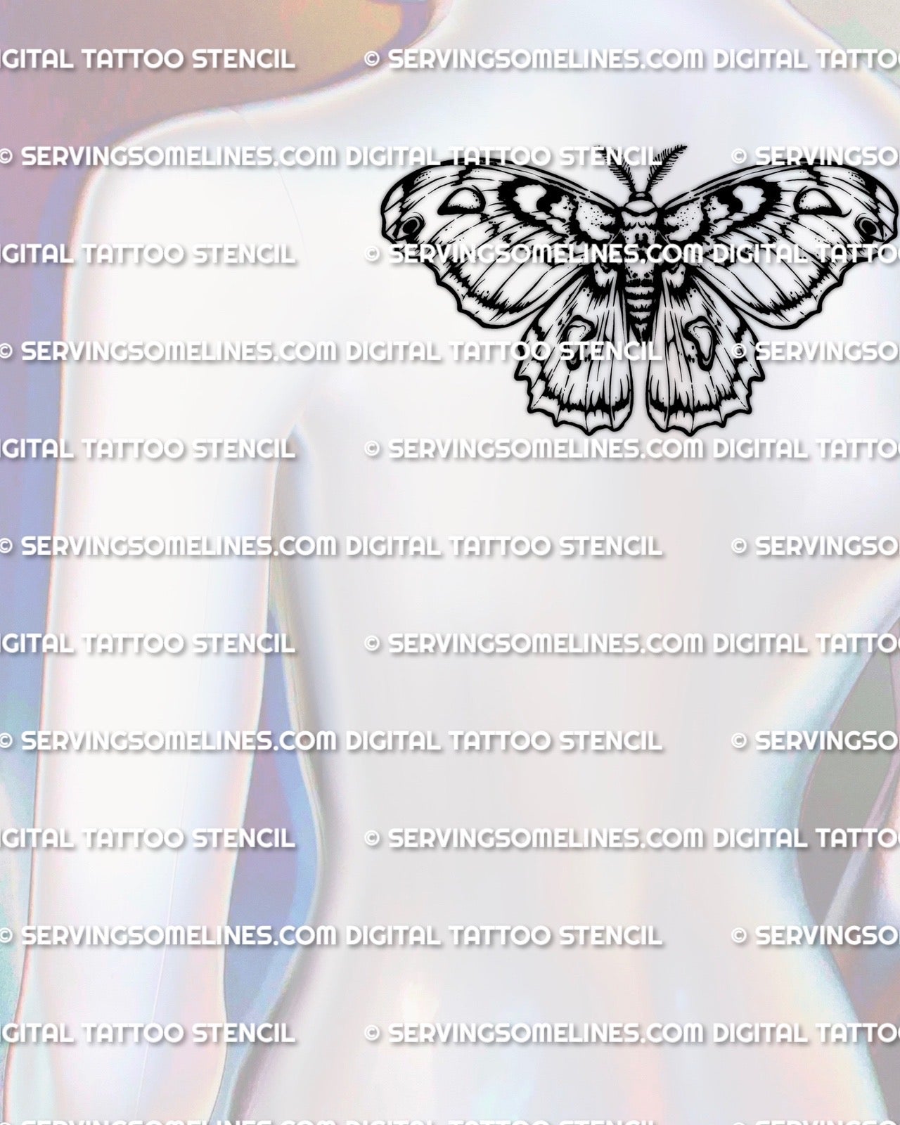 Cecropia moth tattoo stencil upper back placement example, centered moth silhouette with bold wing bands, digital download stencil files