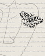 Cecropia moth tattoo stencil on womens upper arm placement example, banded wings and thick body read clean, digital stencil download PNG JPG PDF