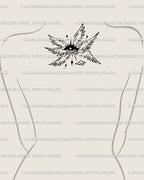 Small celestial eye tattoo centered on the upper back by the neck. Six winged angel design, flying eyeball tattoo art with spiritual and protective aura.