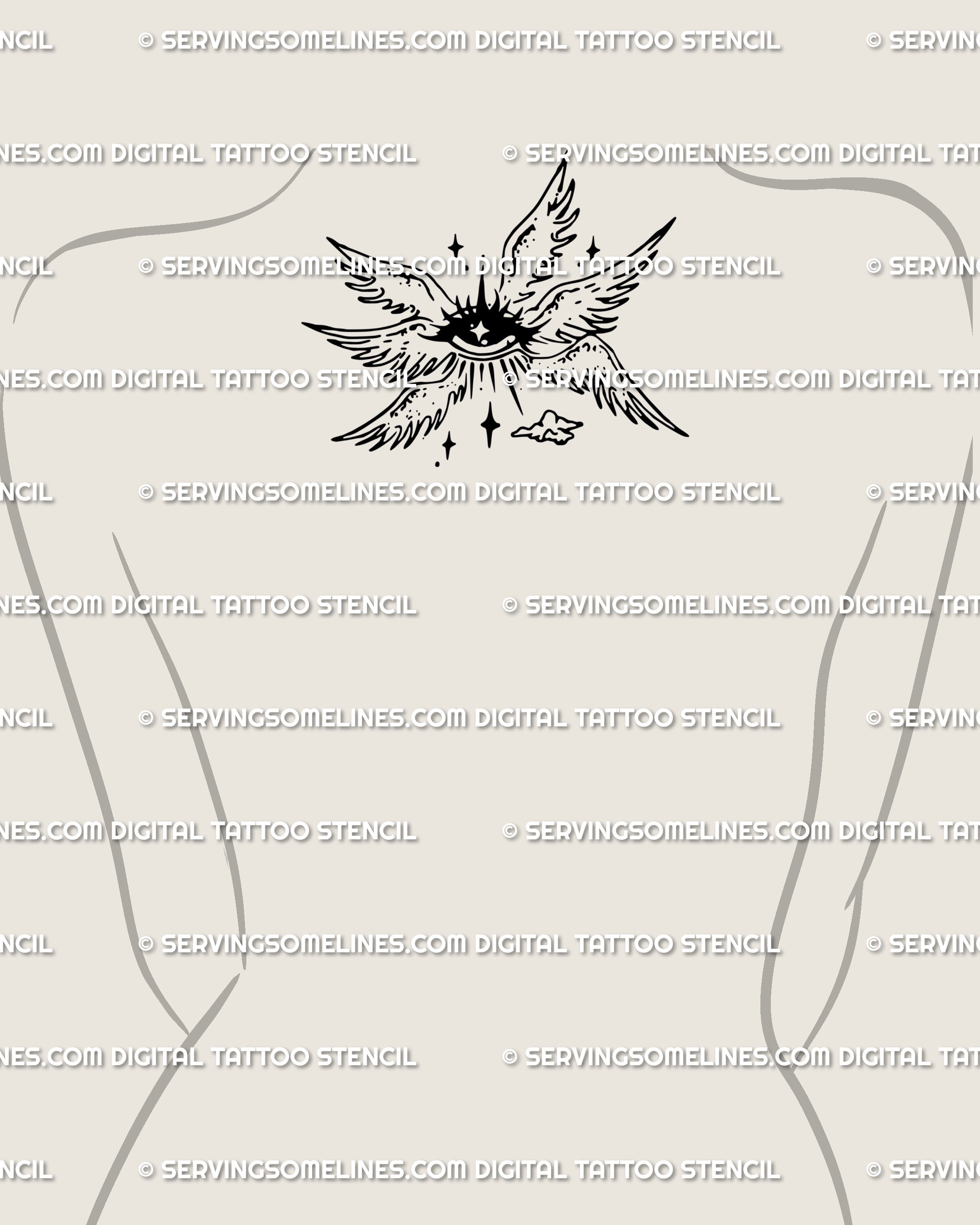 Small celestial eye tattoo centered on the upper back by the neck. Six winged angel design, flying eyeball tattoo art with spiritual and protective aura.