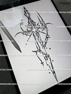 Celestial cybersigilism sword tattoo stencil shown on iPad, gothic tribal blade with star sigils and cybercore geometry detail.