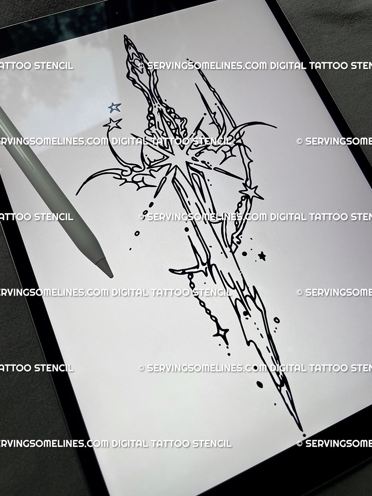 Celestial cybersigilism sword tattoo stencil shown on iPad, gothic tribal blade with star sigils and cybercore geometry detail.