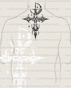 Gothic celestial cross tattoo stencil placed on men’s upper back neck area, detailed linework high resolution digital stencil
