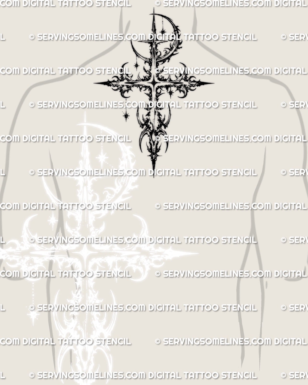 Gothic celestial cross tattoo stencil placed on men’s upper back neck area, detailed linework high resolution digital stencil
